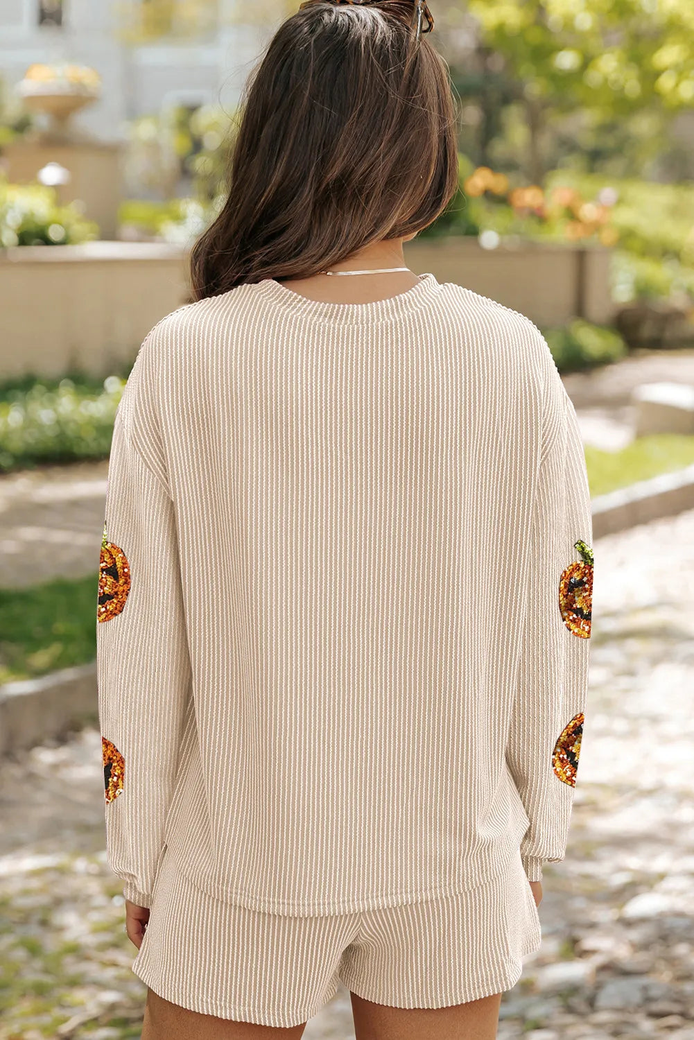 Sequin Pumpkin Round Neck Top and Shorts Set back view