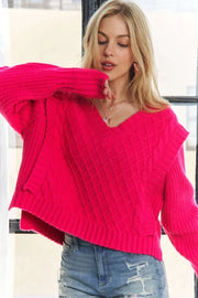ADORA Ruffle Detail Adorable Sweater HOT PINK - Fashorio