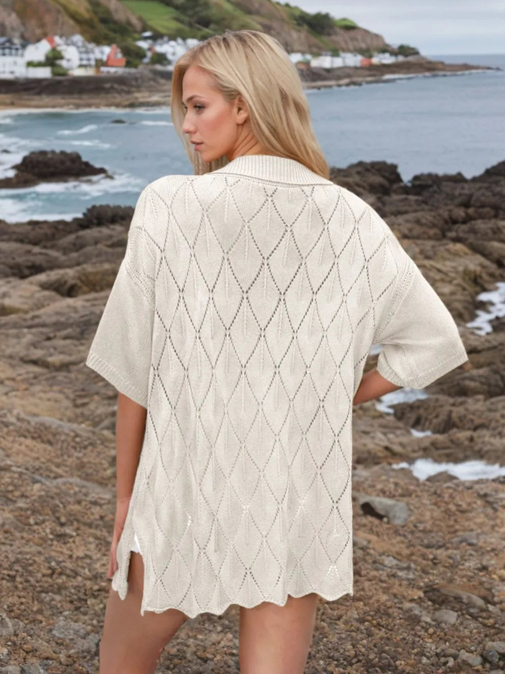 Button Down Eyelet Collared Neck Knit Shirt - Fashorio