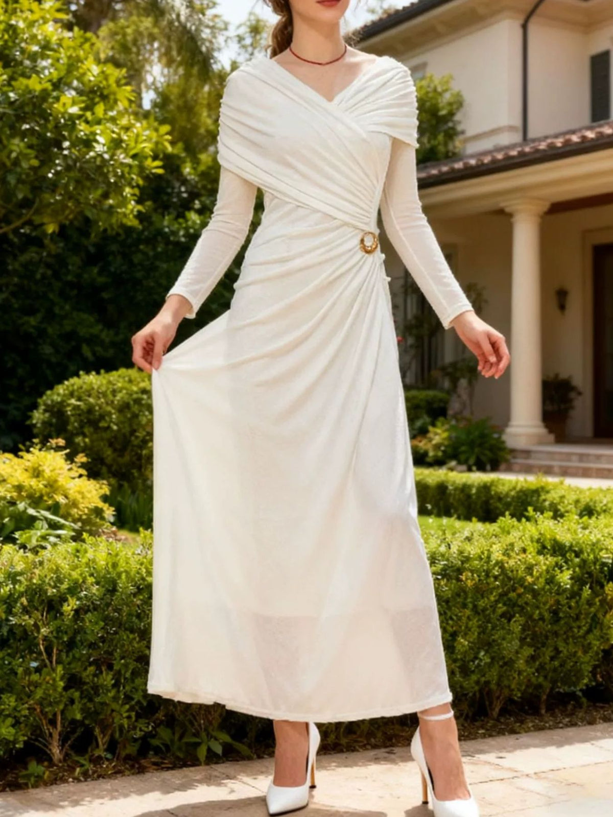 ruched draped long sleeve maxi dress side view