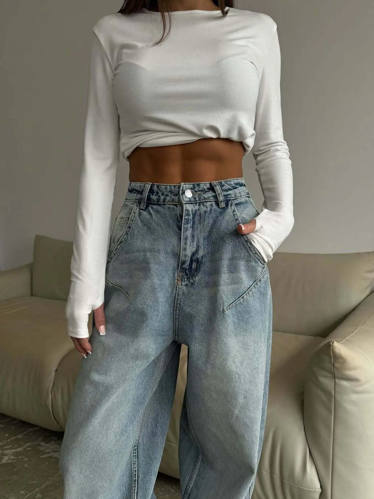 Full length styling of wide leg jeans