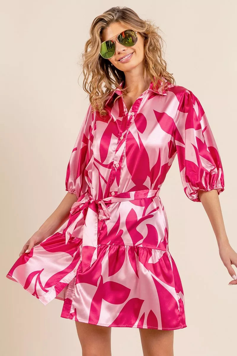Leaf Pattern Collared Satin Dress back view