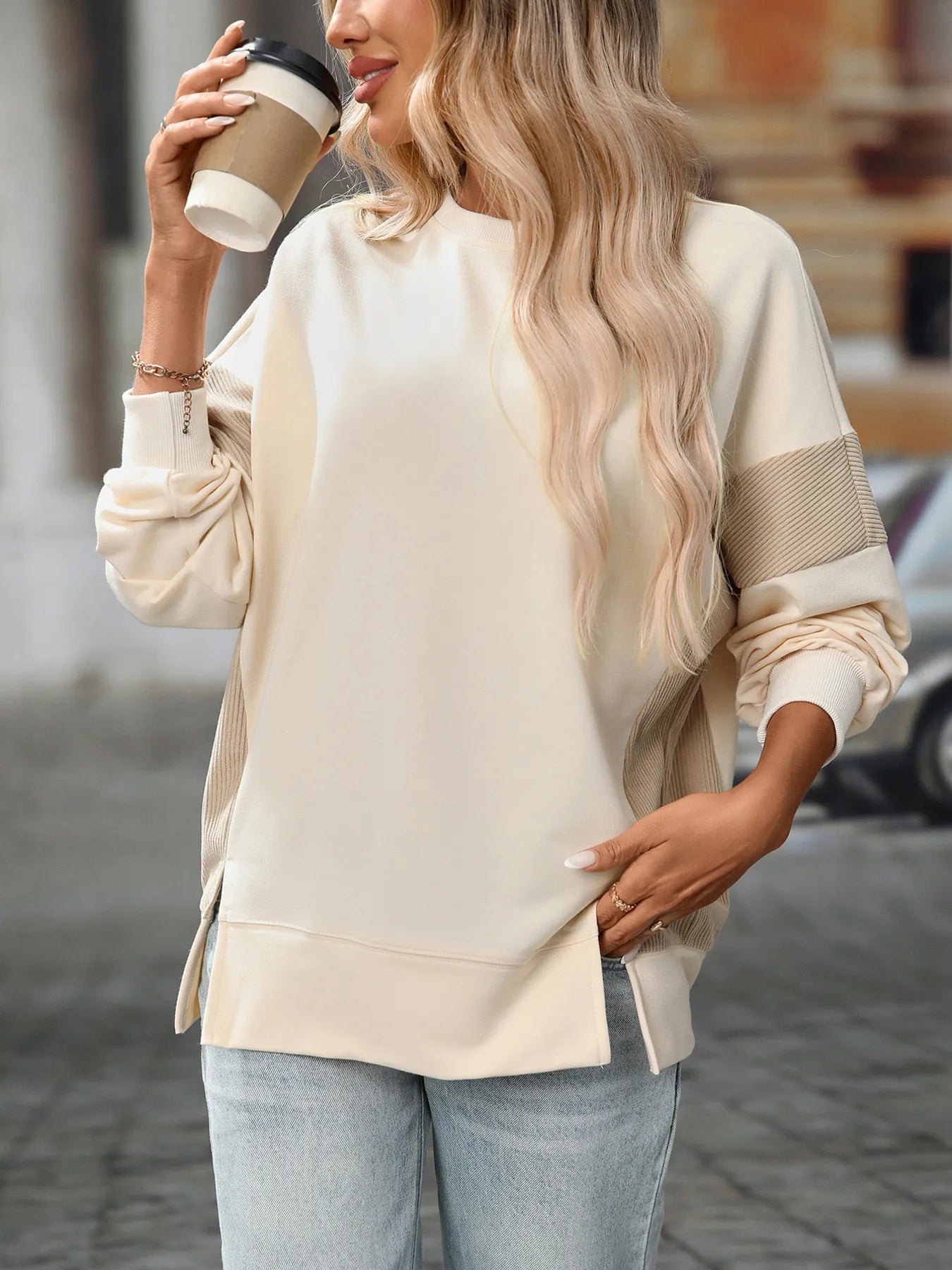 Slit Round Neck Long Sleeve Sweatshirt - Fashorio