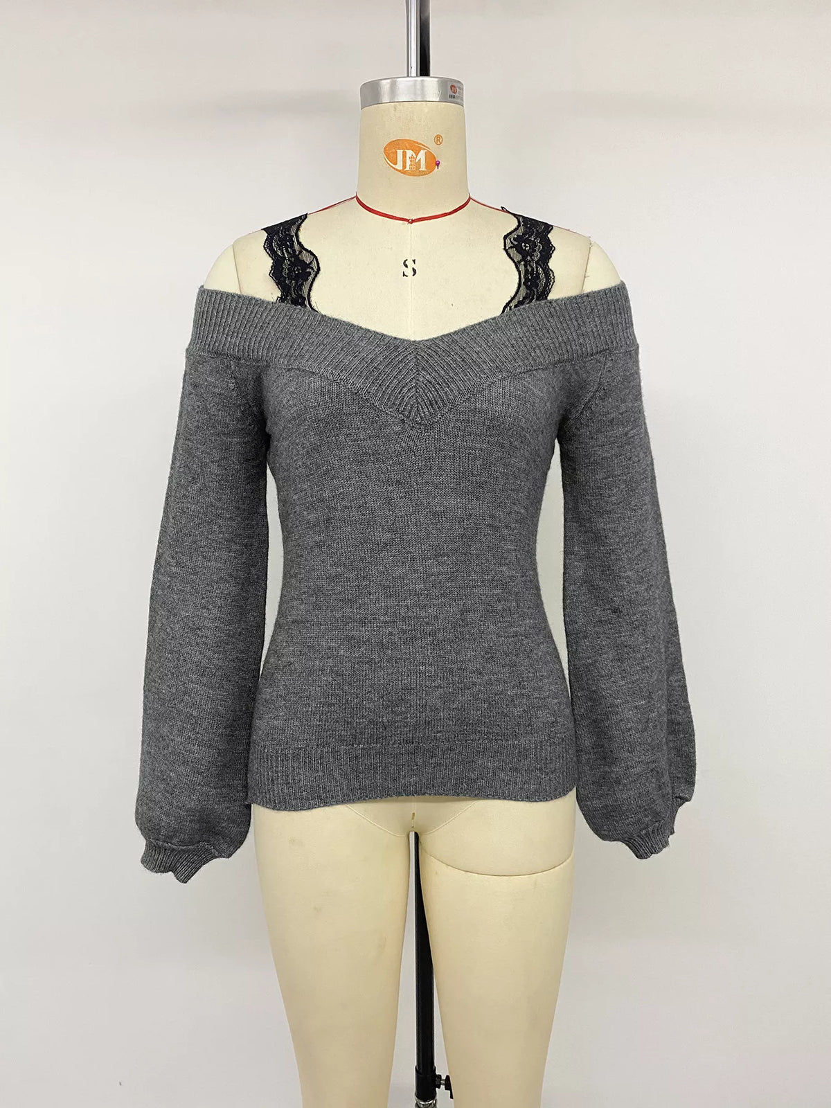 Lace Trim Off Shoulder Sweater close up