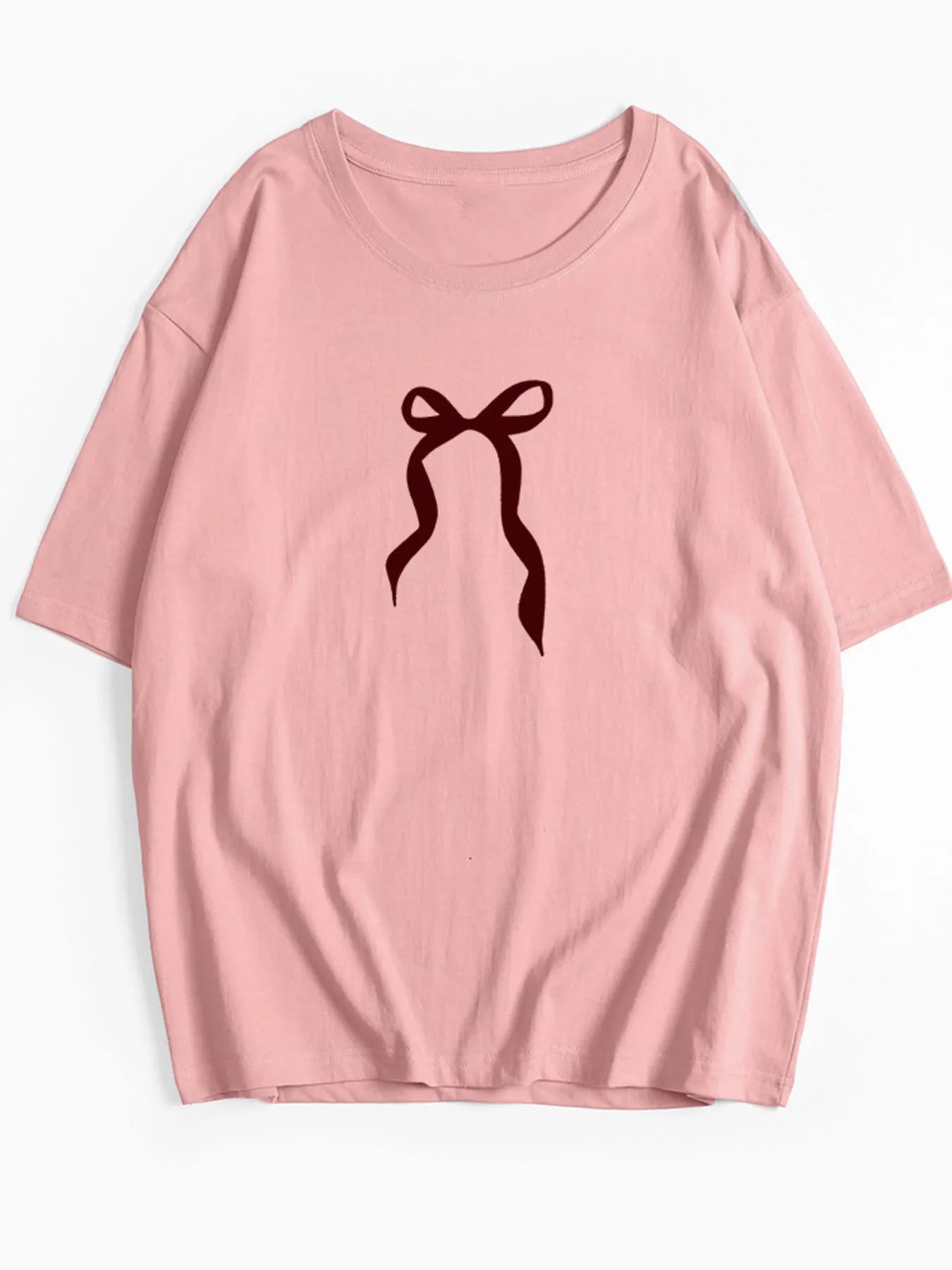 Plus Size Bow Round Neck Short Sleeve T-Shirt Pink - Fashorio