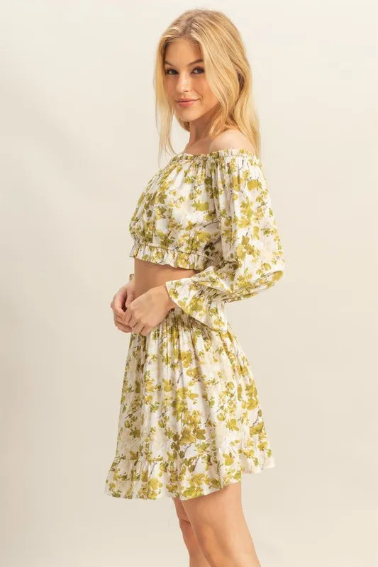 HYFVE Floral Off-Shoulder Flounce Sleeve Top and Skirt Set - Fashorio