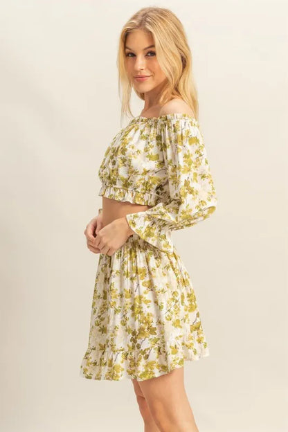 HYFVE Floral Off-Shoulder Flounce Sleeve Top and Skirt Set - Fashorio