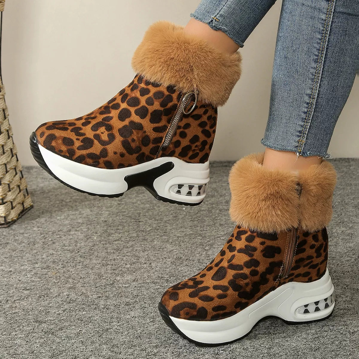 Fuzzy platform ankle boots laces detail