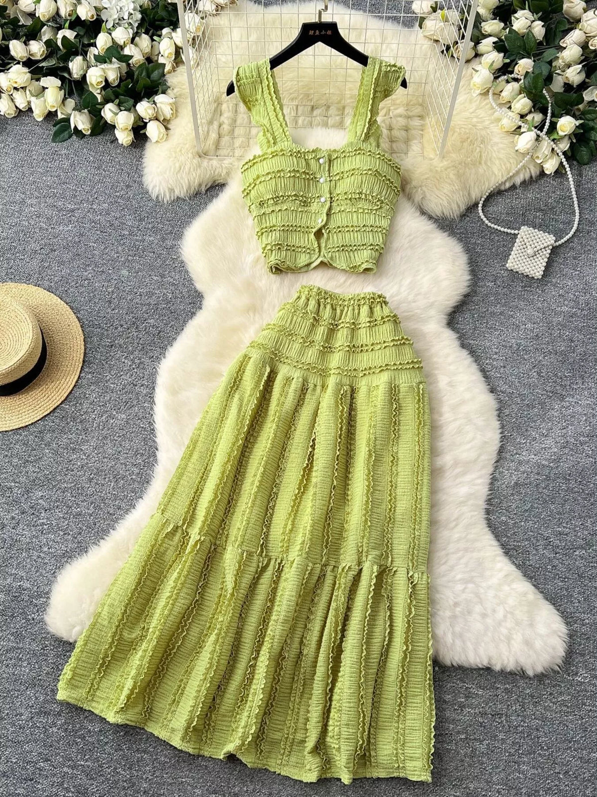 Textured Crop Top and Tiered Skirt Set, view 18