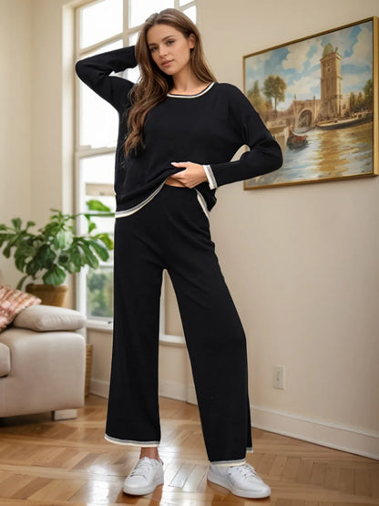 Contrast Trim Round Neck Top and Pants Sweater Set Black One Size - Fashorio