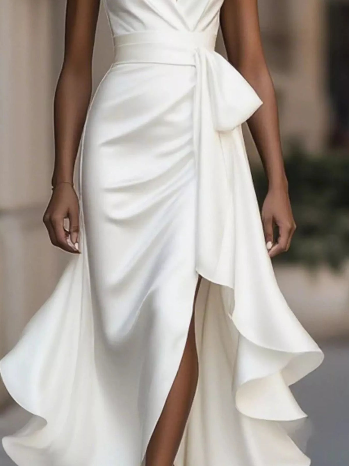 Ruffle maxi dress back view showing halter tie