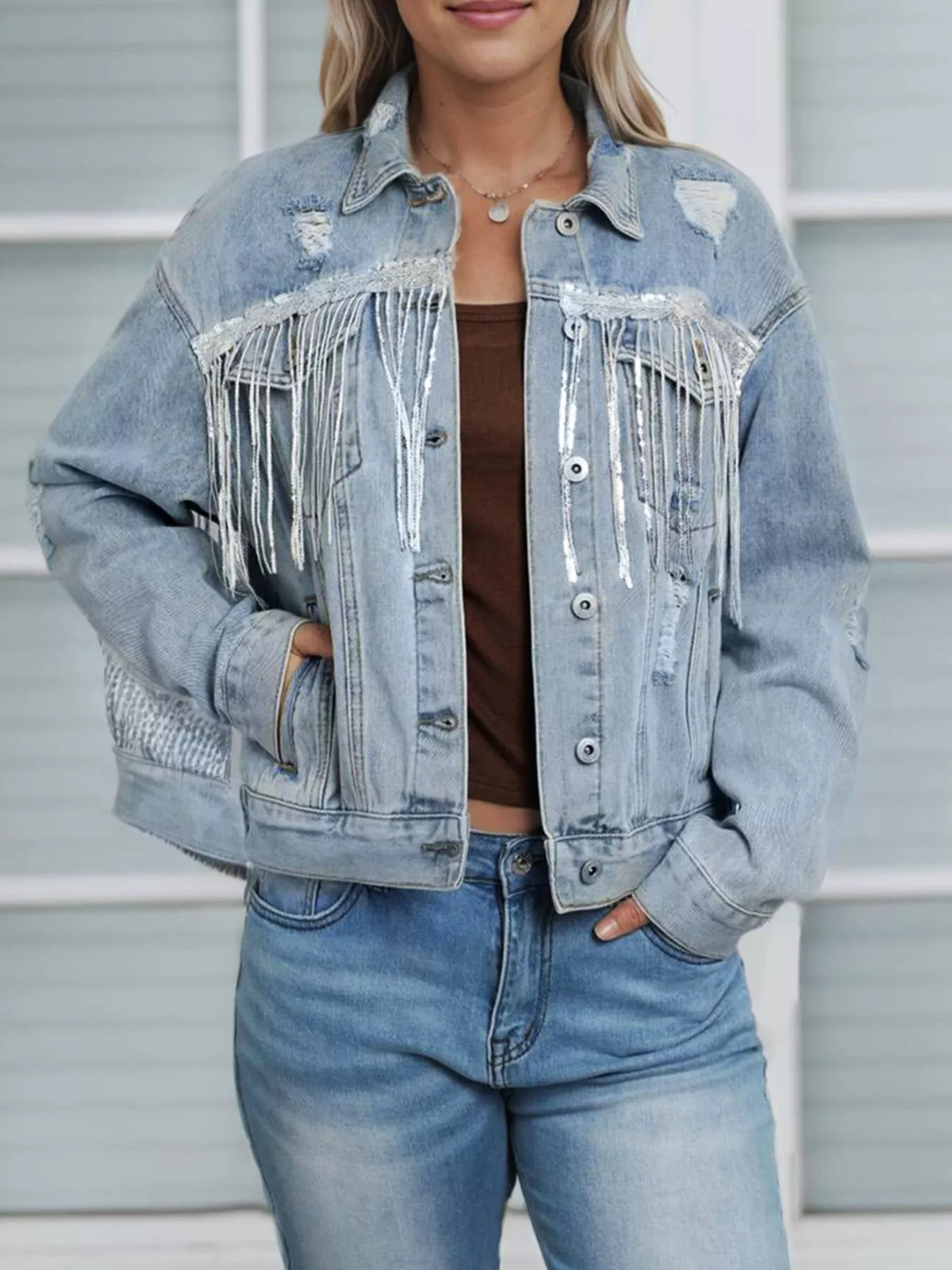 Fringed Sequin Denim Jacket in Light Blue