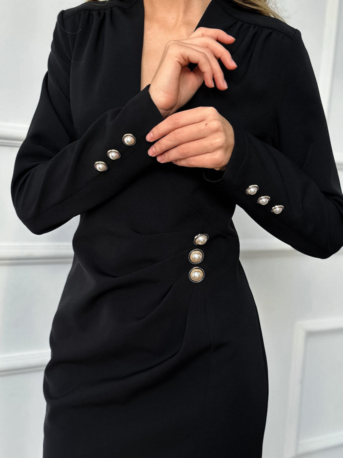 ruched surplice long sleeve dress full length view