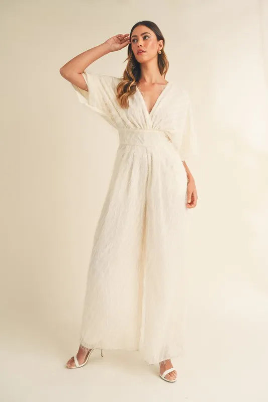 Fluffy Deep V Neck Wide Leg Jumpsuit close up