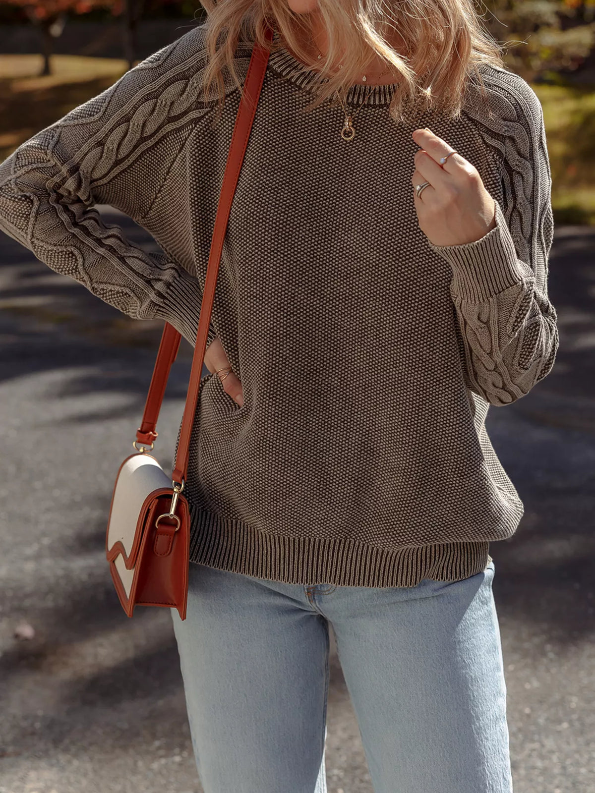 contrast cable knit sleeve sweater brown close up detail