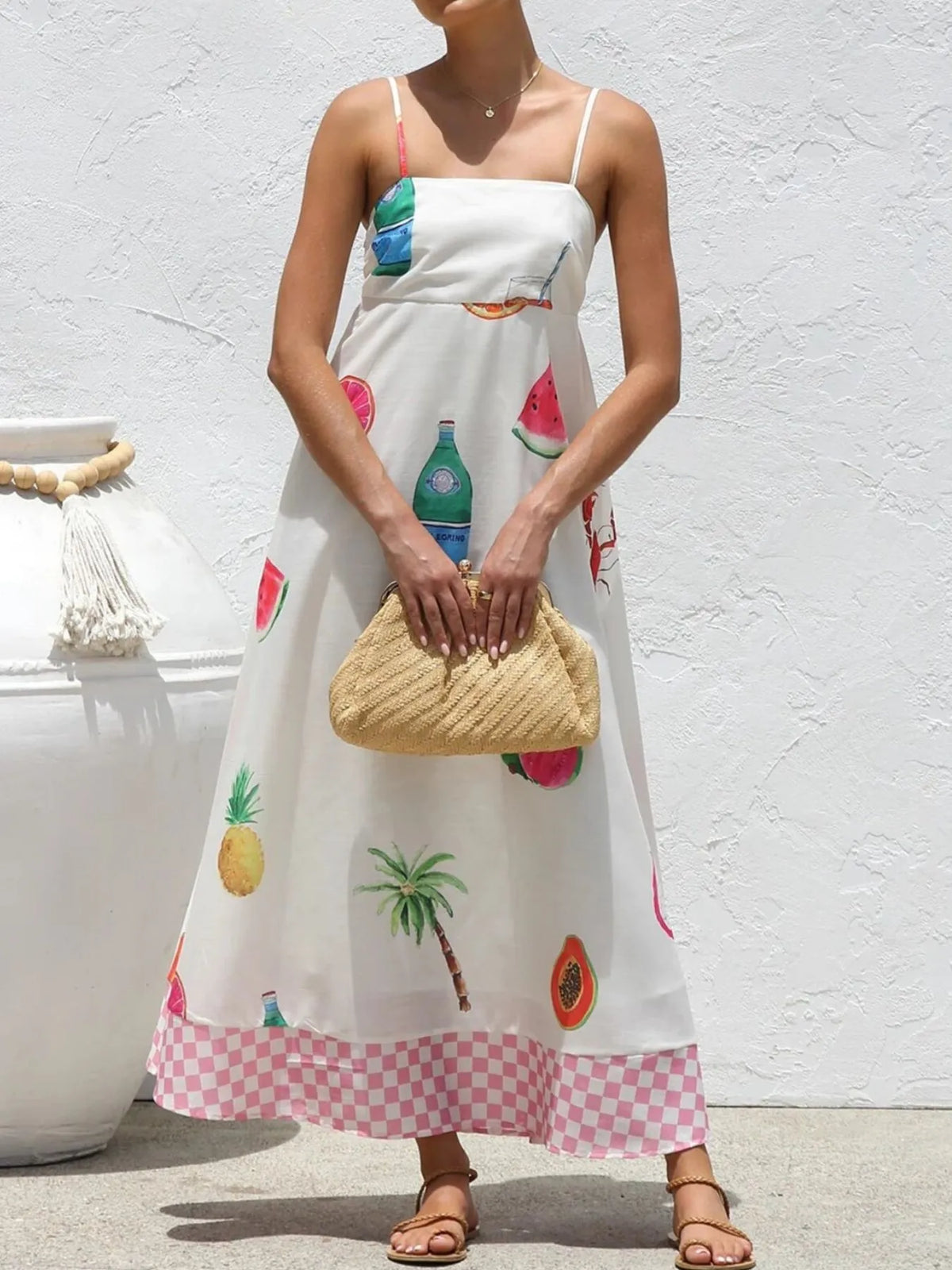 Printed square neck cami maxi dress in white front view