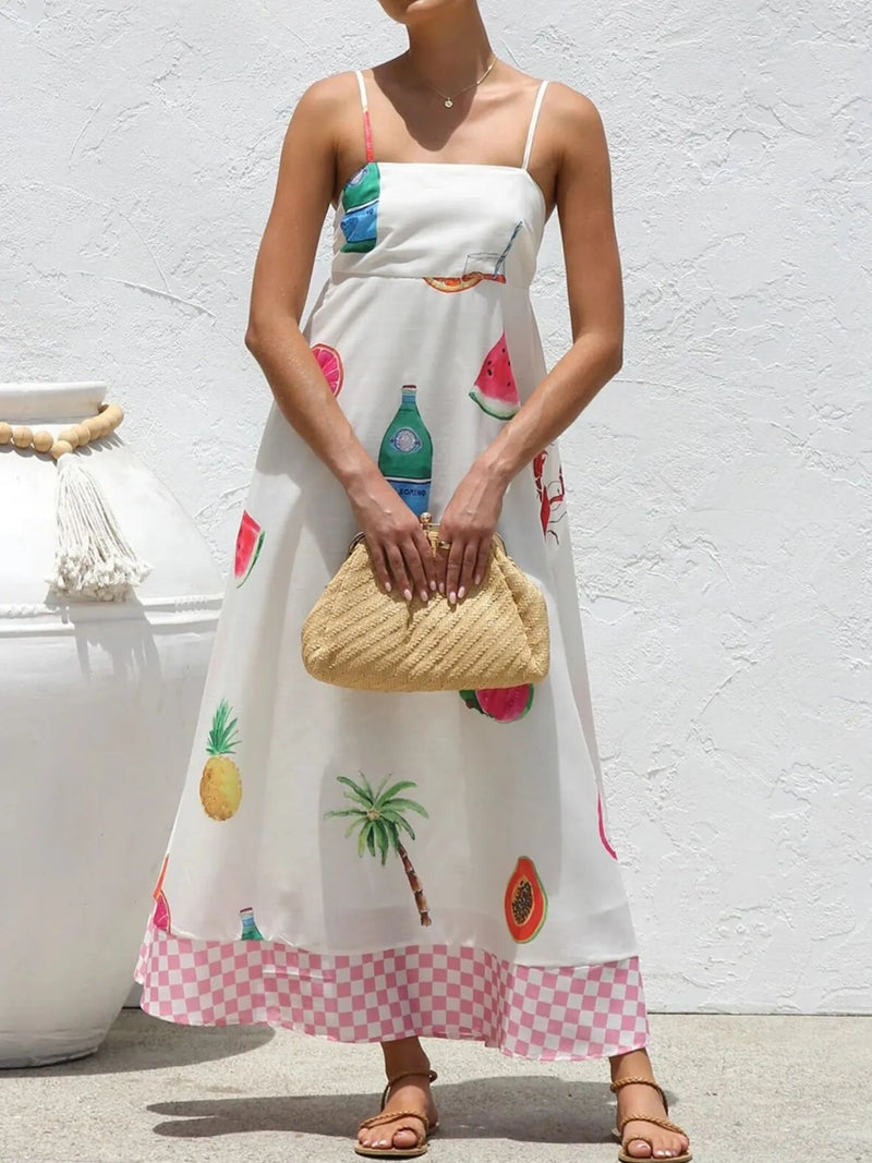 Printed square neck cami maxi dress in white front view