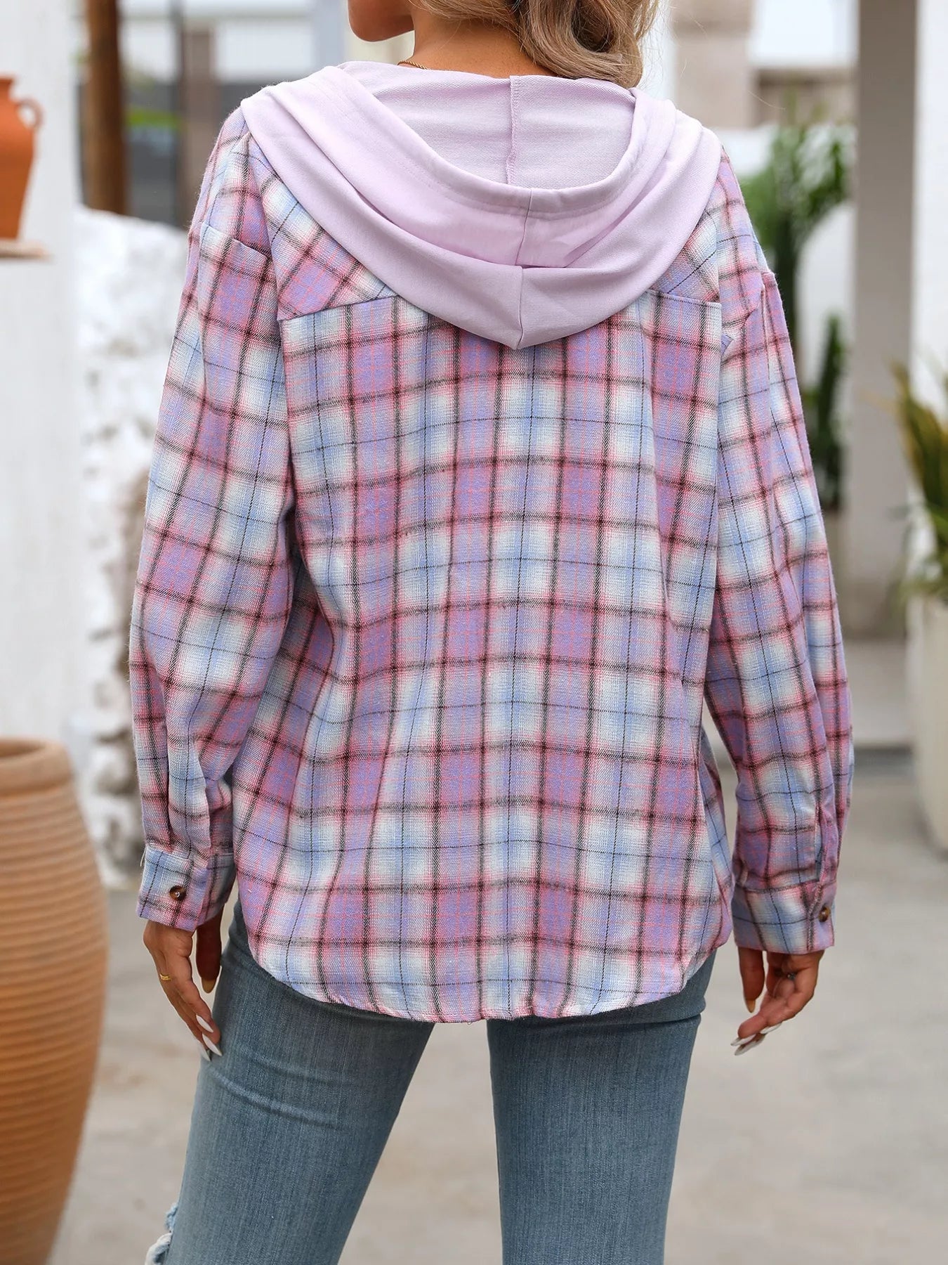 Plaid Button-Up Hooded Shirt - Fashorio
