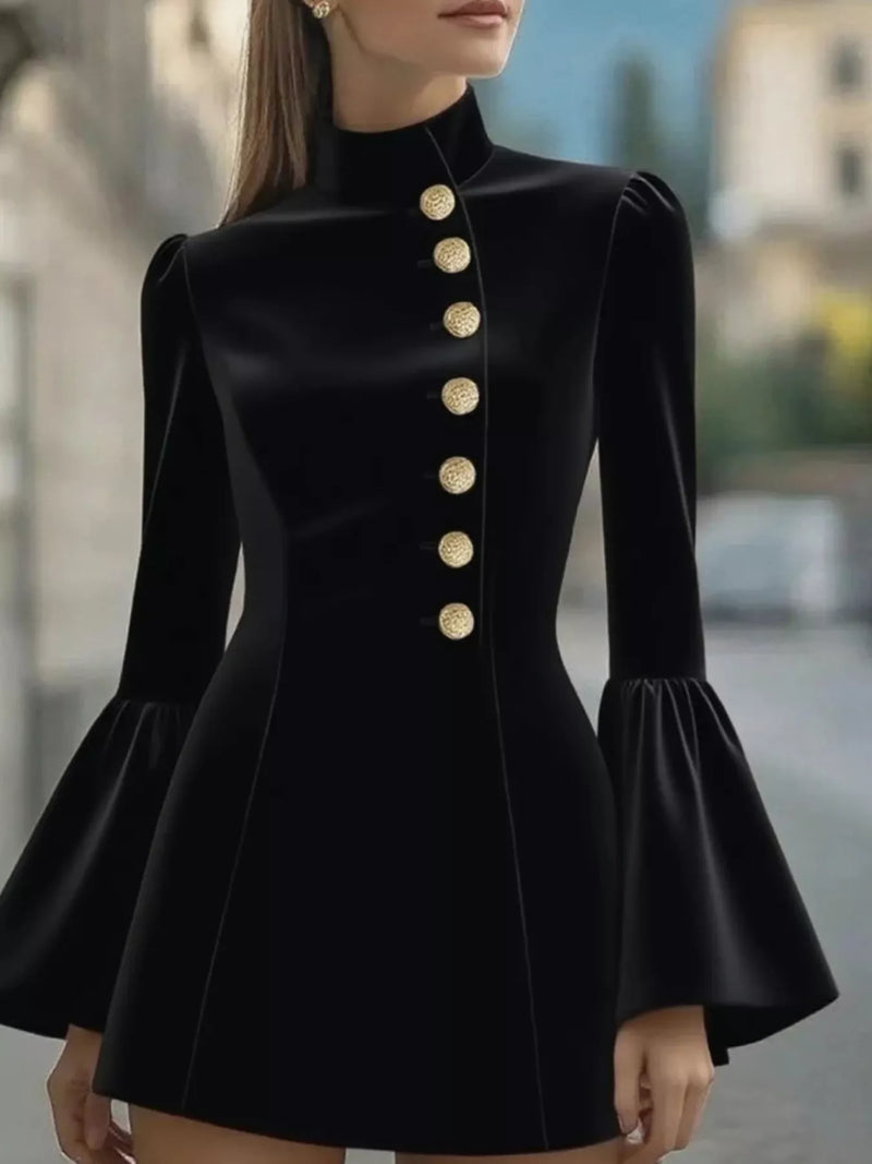Bell sleeve button front mini dress in black, front view