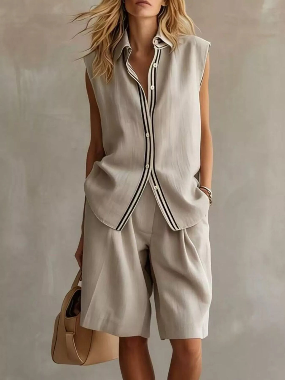Sleeveless button up top pocket detail