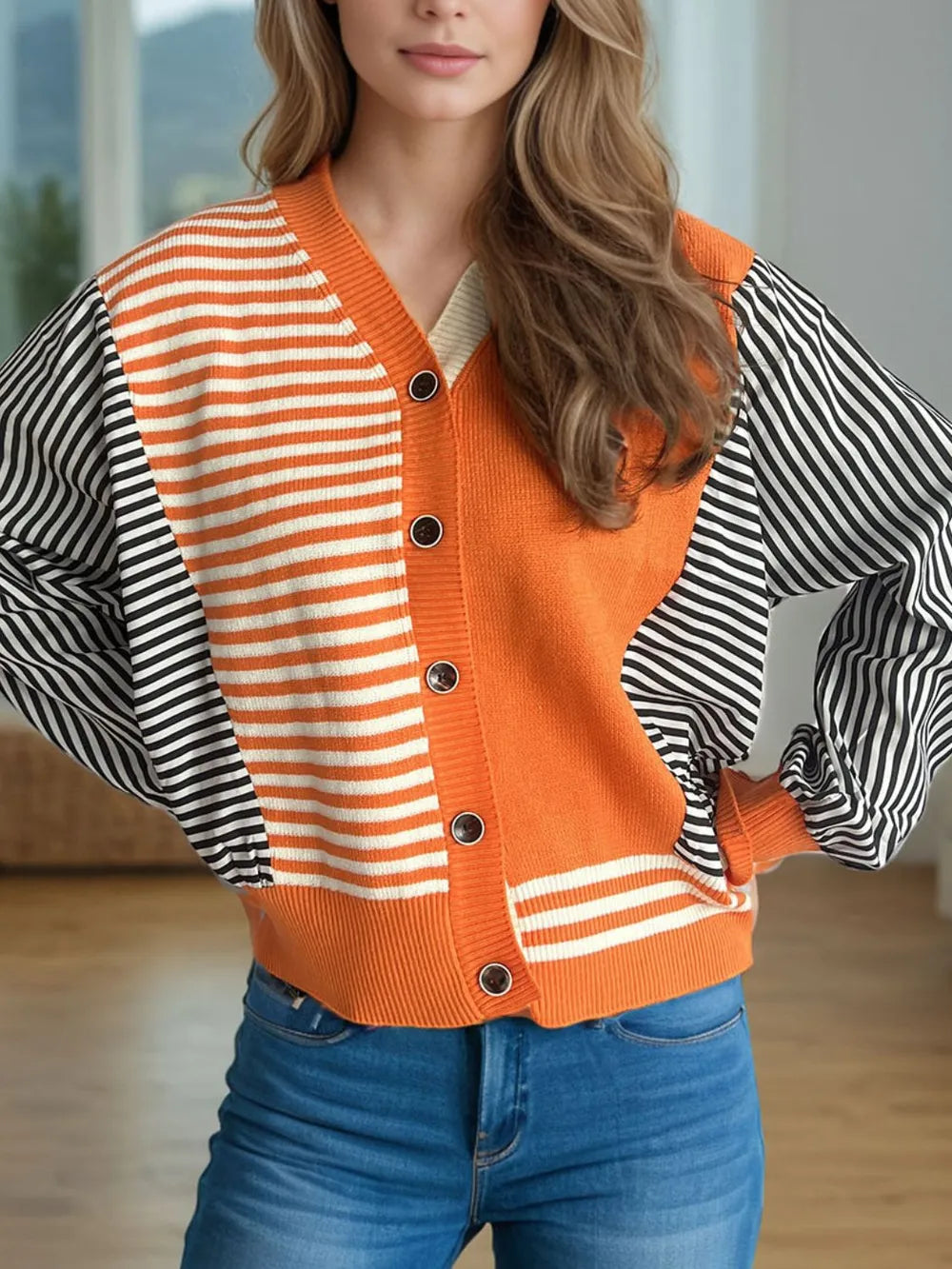 Striped Button Down Long Sleeve Cardigan Orange One Size - Fashorio