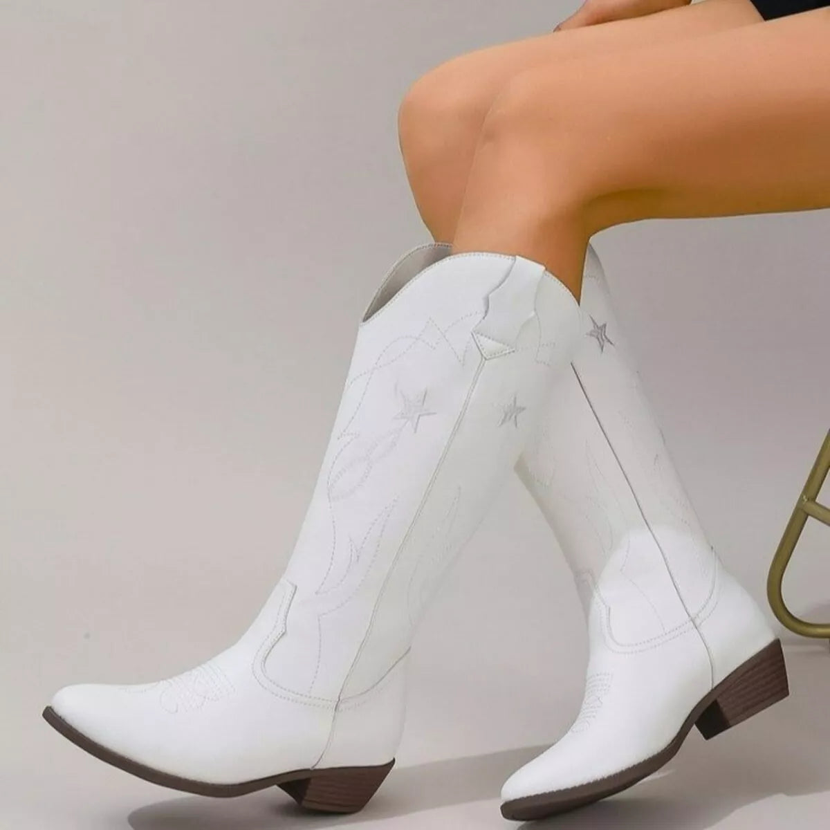 Western star embroidered cowboy boots back view