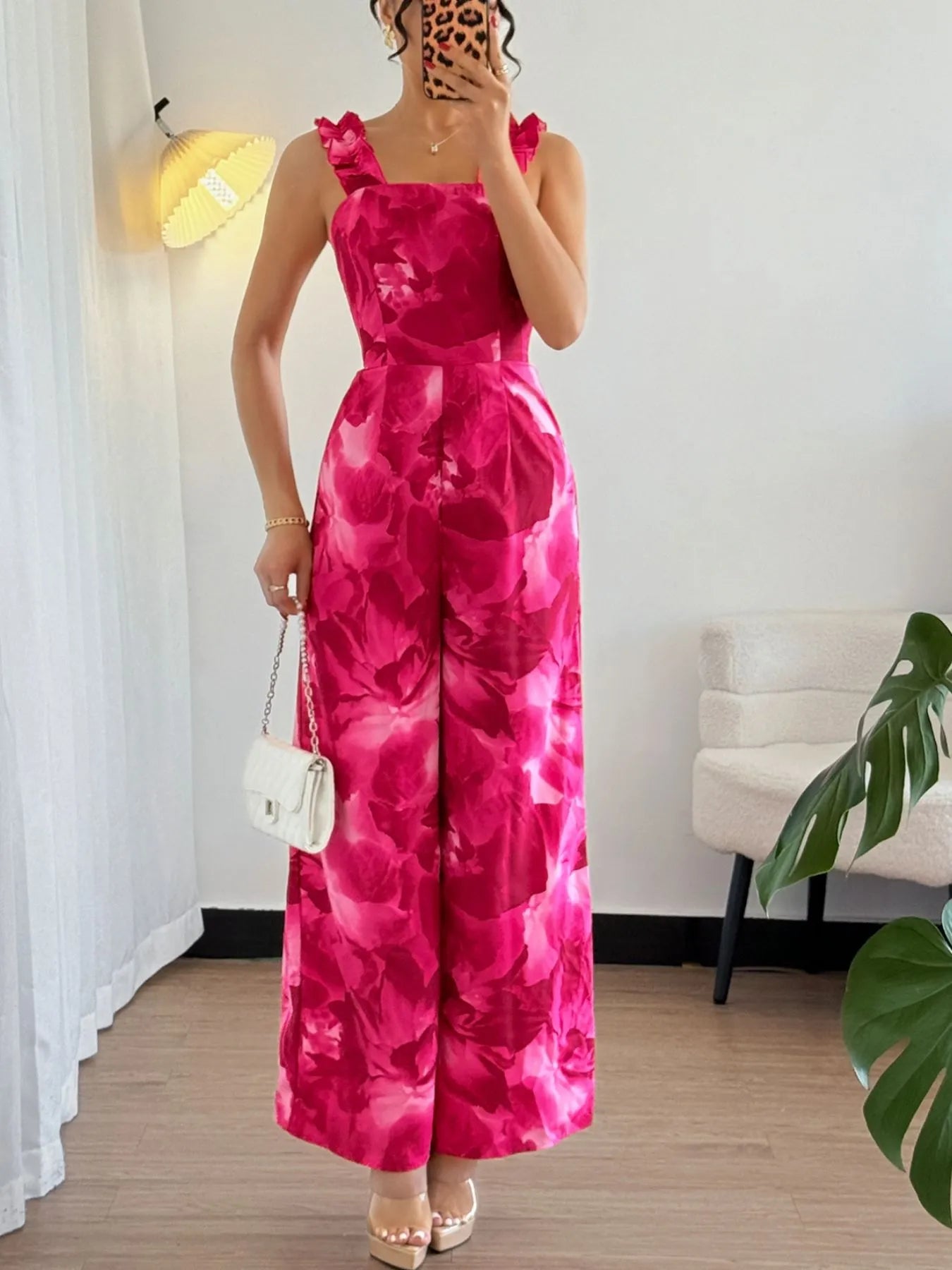 Floral Print Square Neck Wide Leg Jumpsuit - Fashorio