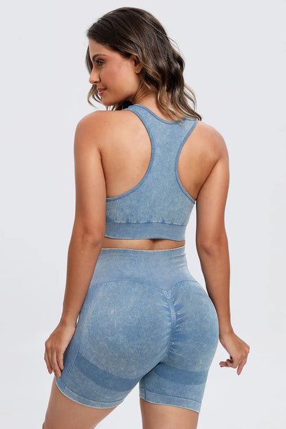 3 Piece Washed Square Neck Wide Strap Active Set - Fashorio