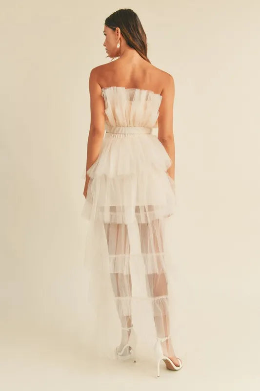 MABLE Tulle Tube Ruffle Crop Top and High Low Maxi Skirt Set - Fashorio