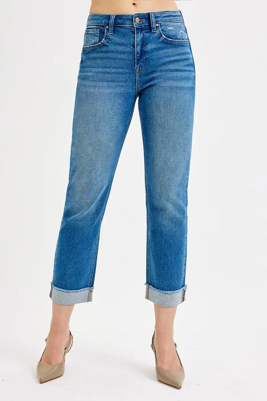 RISEN Full Size High Rise Boyfriend Fit Ankle Jeans Plus SIze DARK - Fashorio