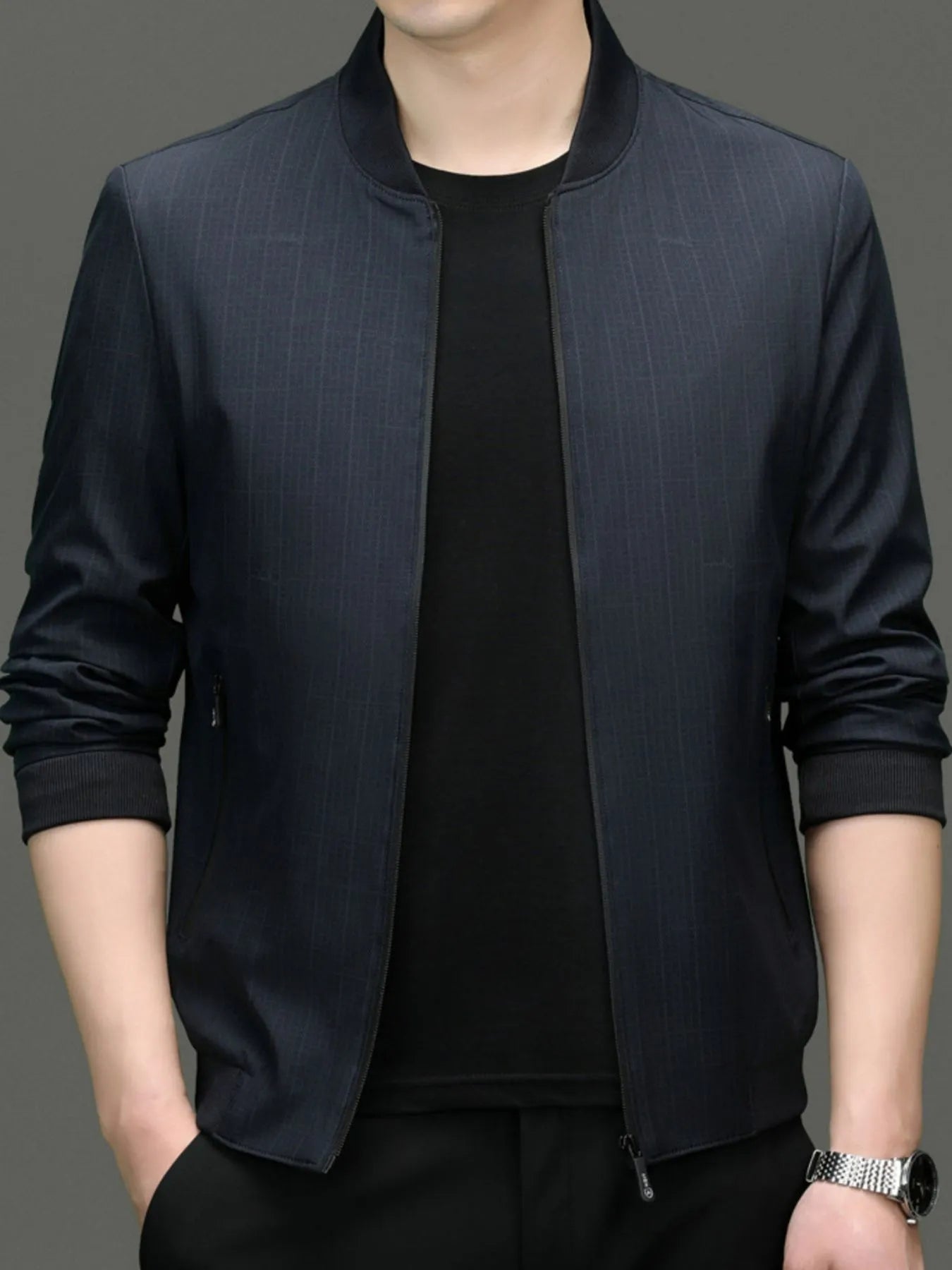 Men's Plus Size Zip Up Long Sleeve Jacket Blue - Fashorio