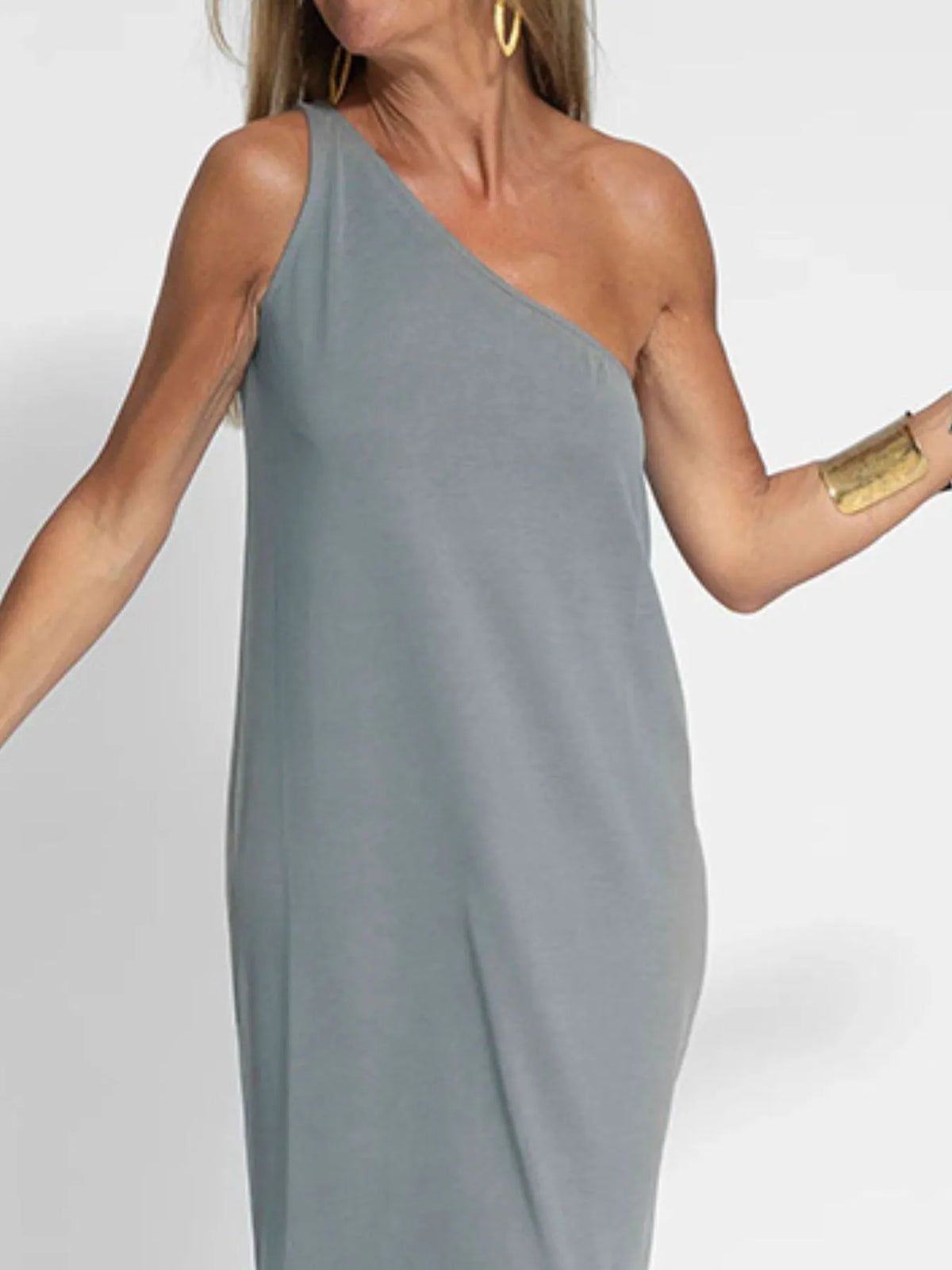 one shoulder side slit maxi dress in gray back view