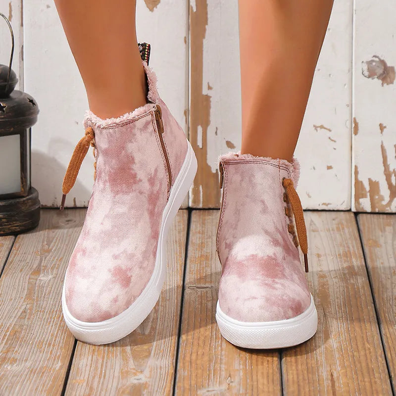 Lace Up Round Toe Canvas Boots with Side Zip front view