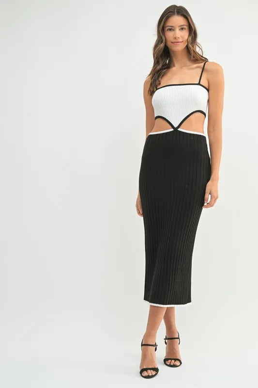 Ribbed Knit Cut Out Color Block Midi Dress in Black styled look