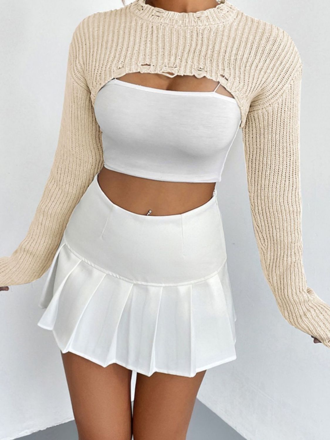 Distressed Long Sleeve Cropped Sweater - Fashorio