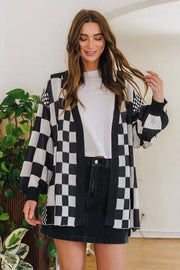 Annie Wear Checkered Open Front Drop Shoulder Cardigan Black - Fashorio