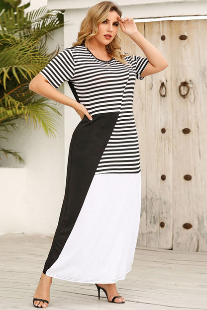 Plus Size Striped Color Block Round Neck Dress - Fashorio