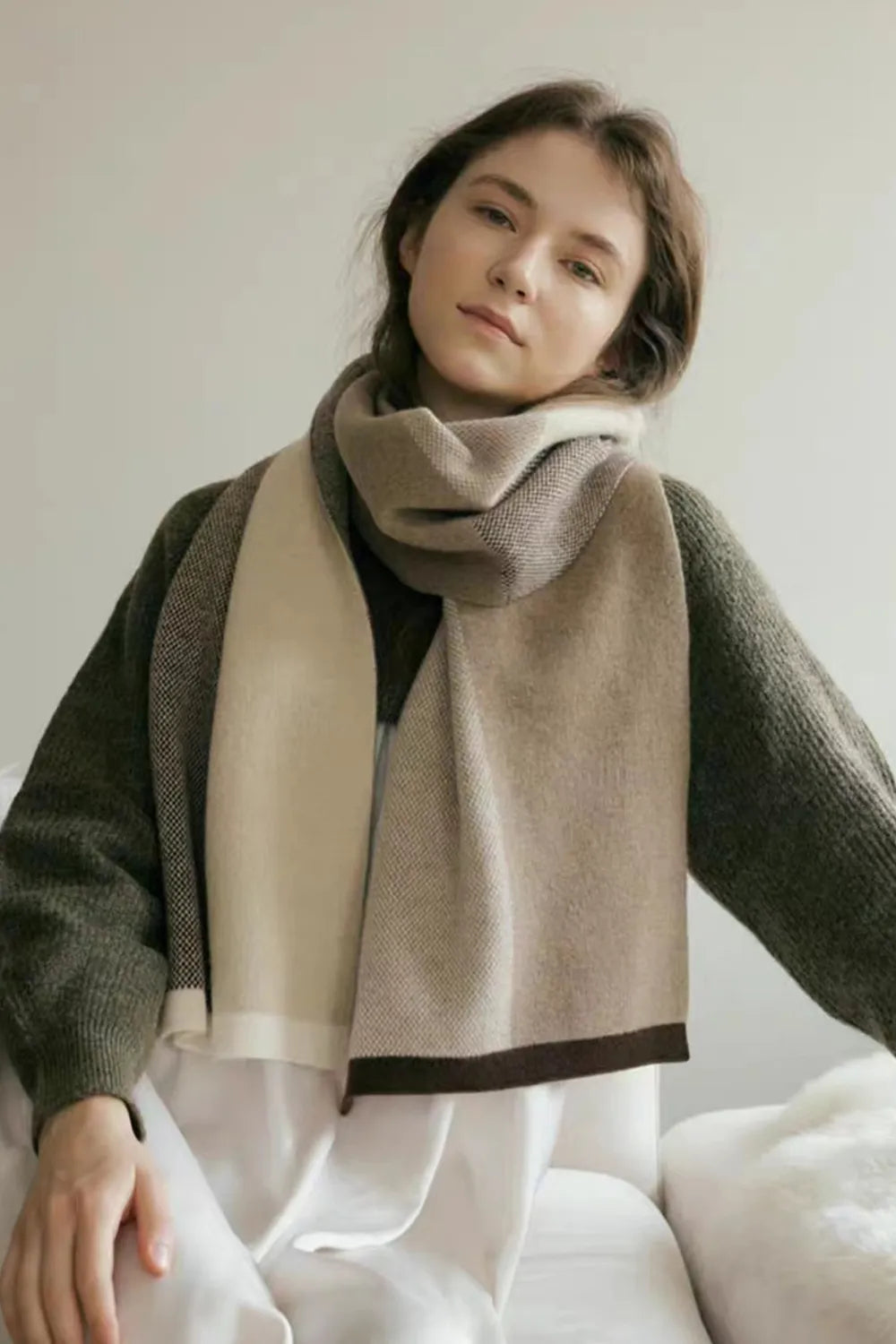 Thermal acrylic scarf styled with a neutral coat