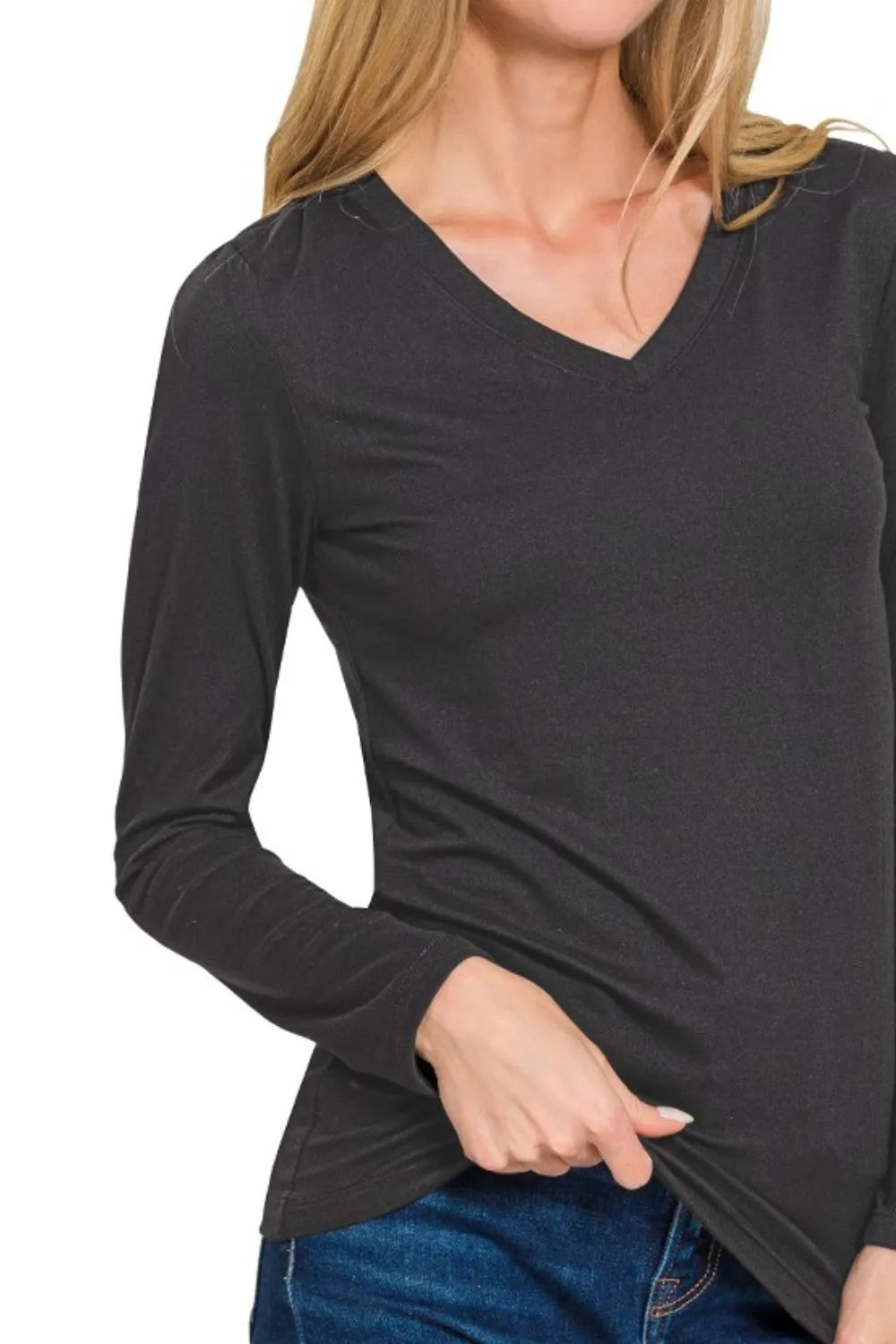 Zenana Brushed Microfiber Long Sleeve V-neck Tee - Fashorio