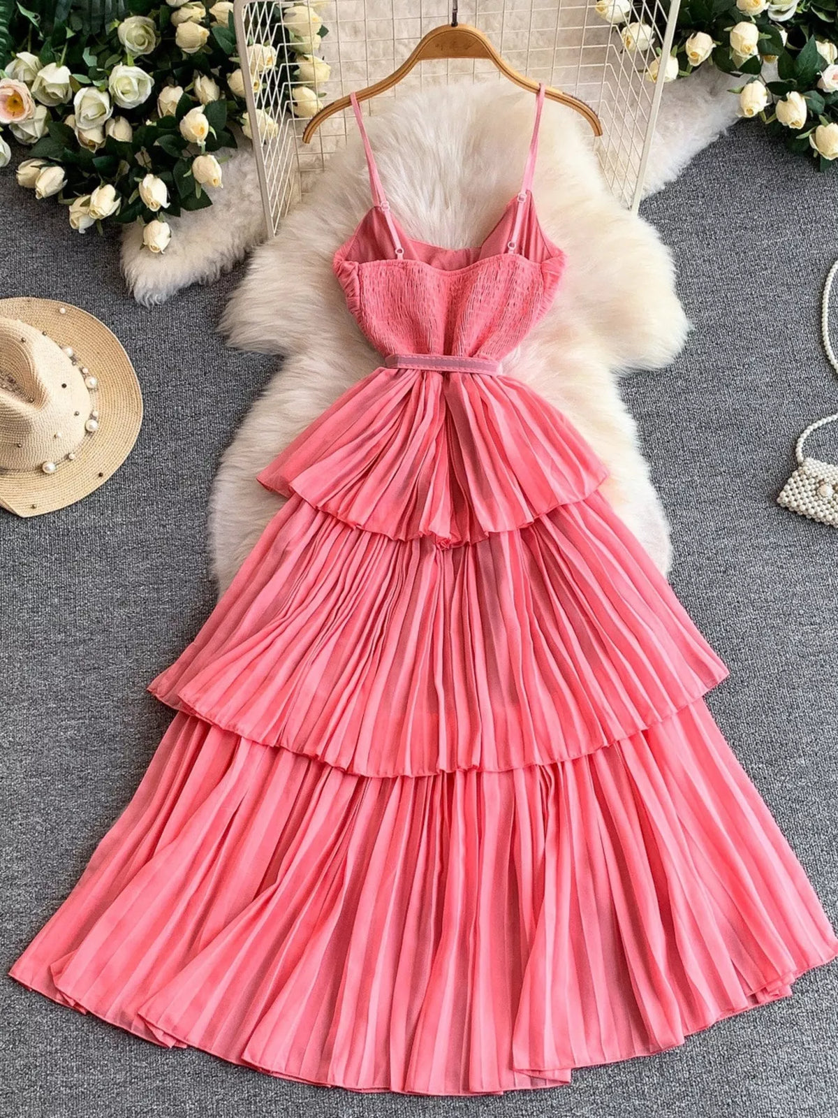 Pleated layered spaghetti strap midi dress side view