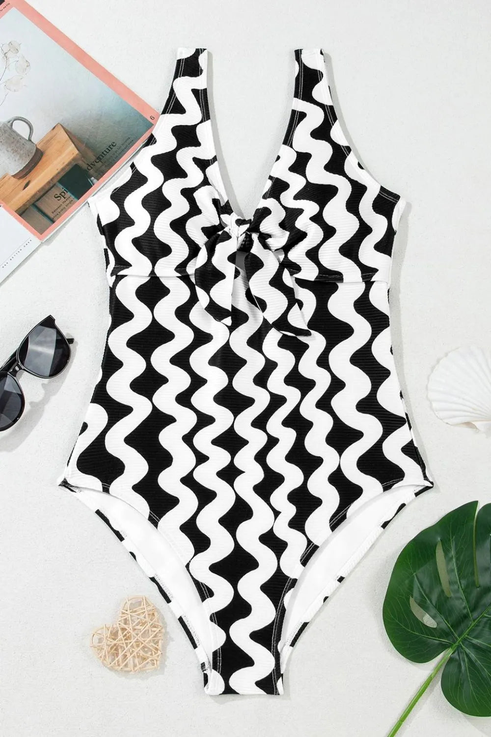 Tied Front Contrast Striped One-Piece Swimsuit - Fashorio