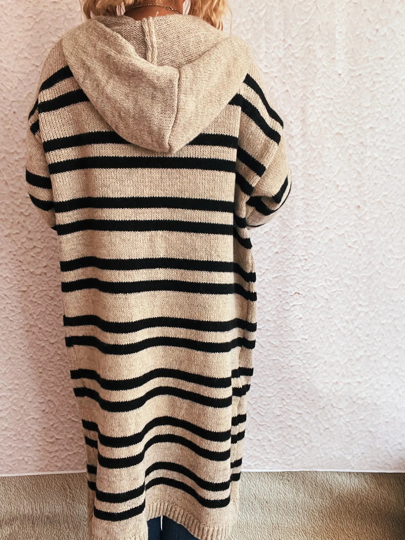 Striped Open Front Hooded Cardigan - Fashorio