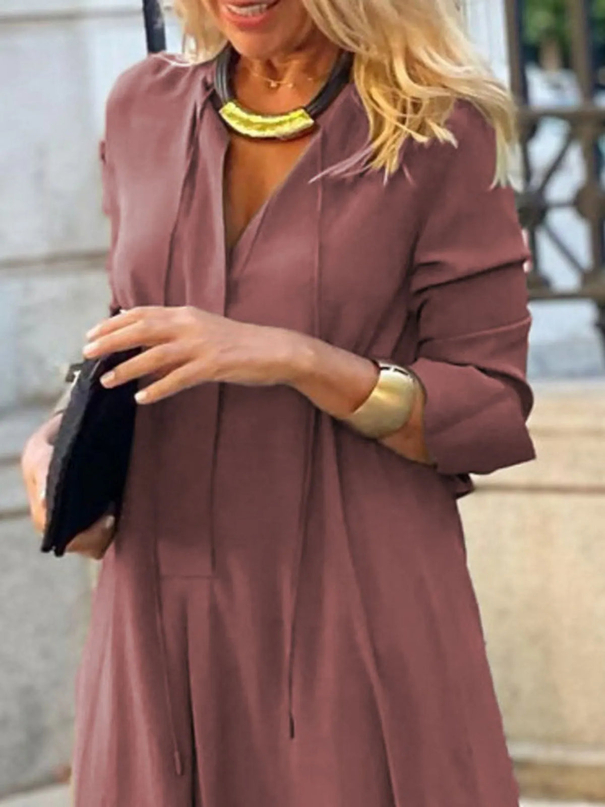 Solid maxi shirt dress neckline detail