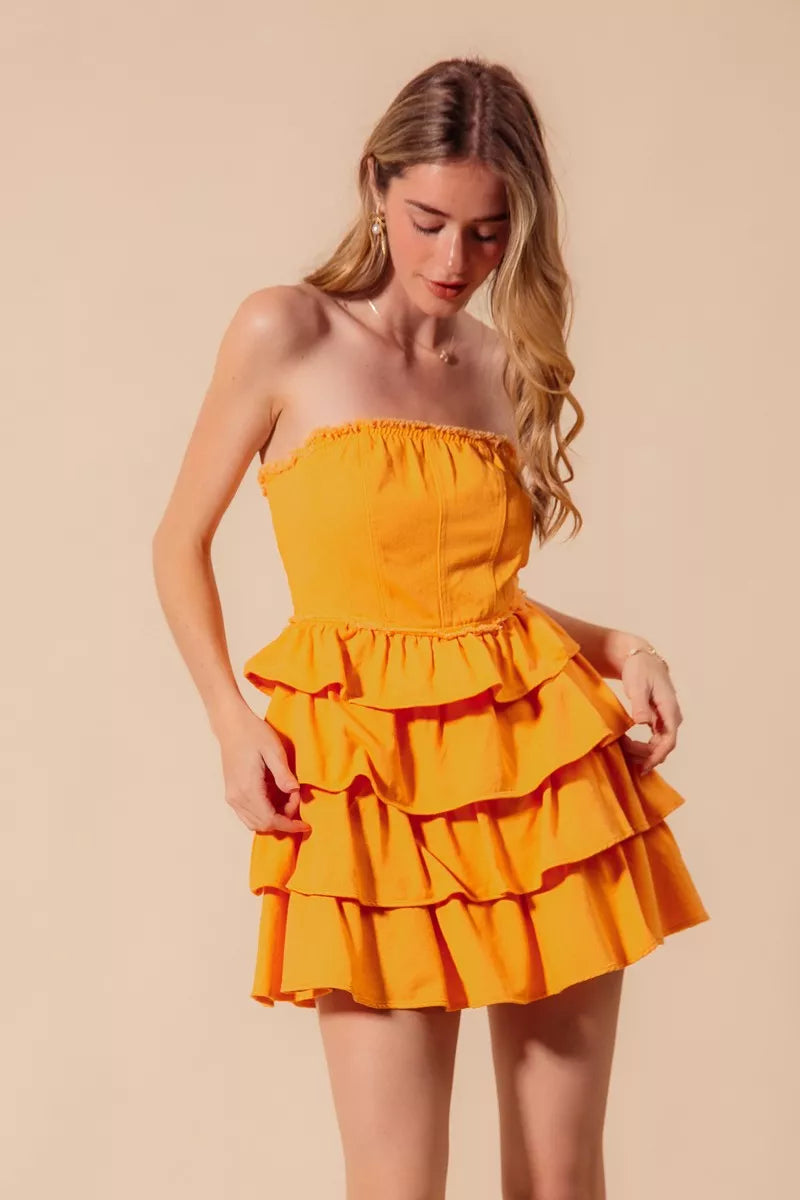 Strapless Ruffle Layered Dress in Gold detail