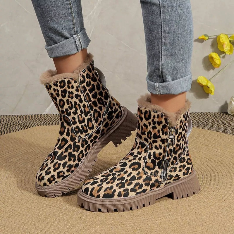 Leopard print fur lined ankle boots front view