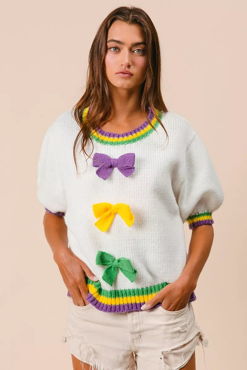 Puff Sleeve Ribbon Bow Sweater in Ivory view 13