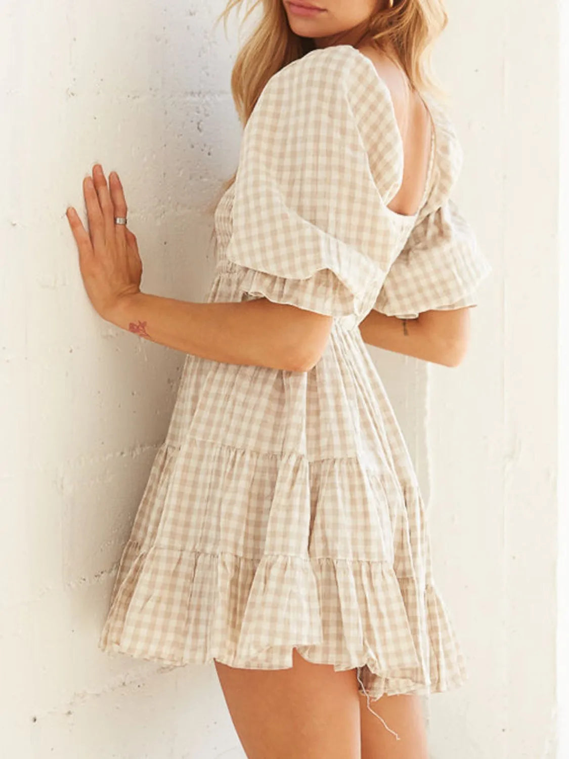 Ruffle Hem Plaid Mini Dress in Light Blue view 8