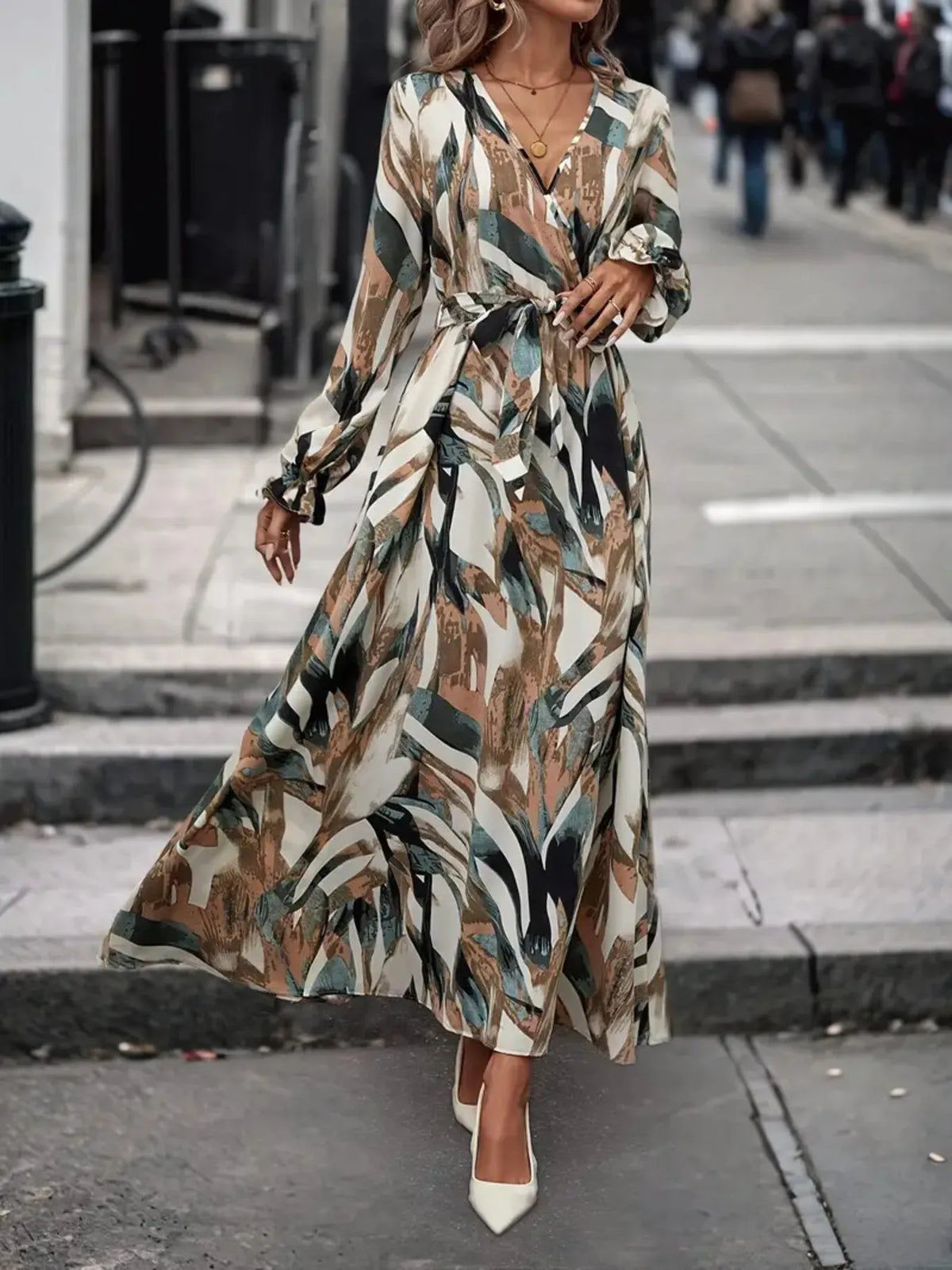 Printed surplice long sleeve maxi dress, back view