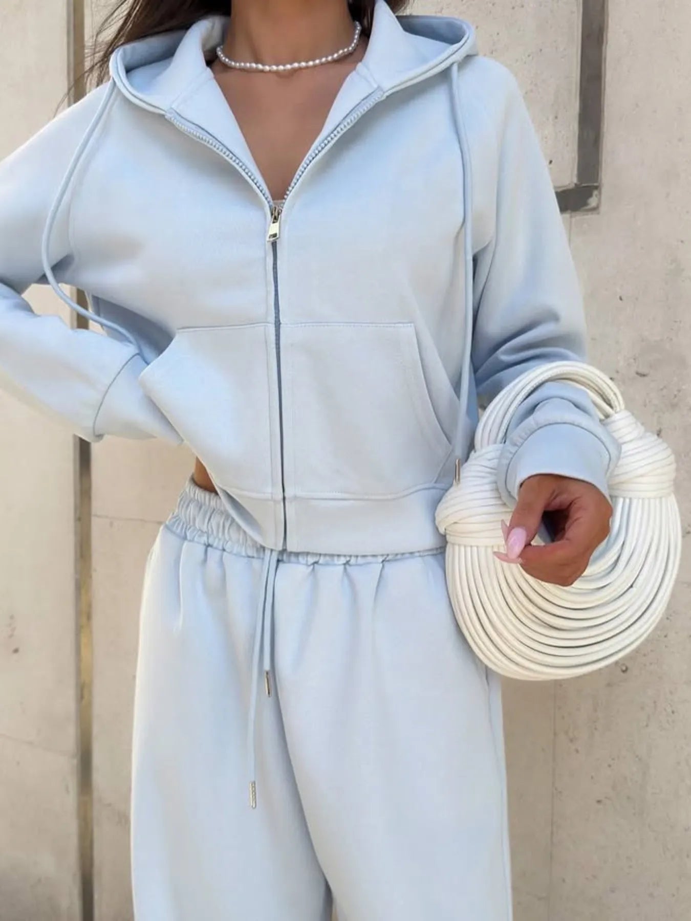 Zip Up Drawstring Hoodie and Pants Set Light Blue - Fashorio