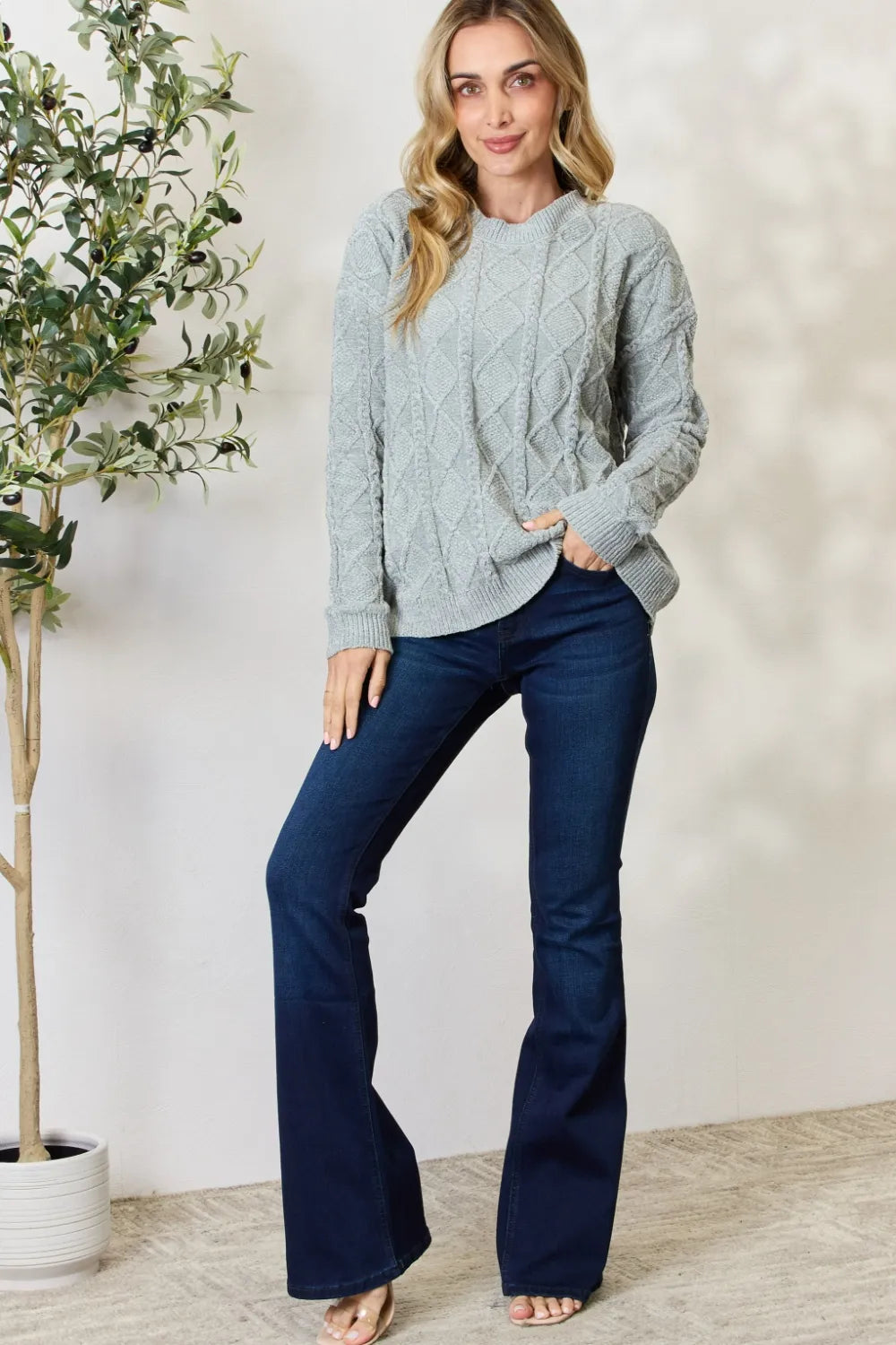 Cable Knit Round Neck Sweater in Dusty Sage styled look